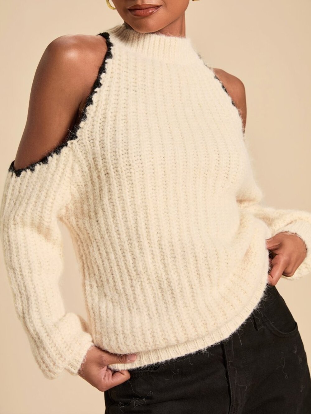 Beige Casual Women's Fuzzy Cut Out Contrast Binding Cold Sleeve Long Pullover